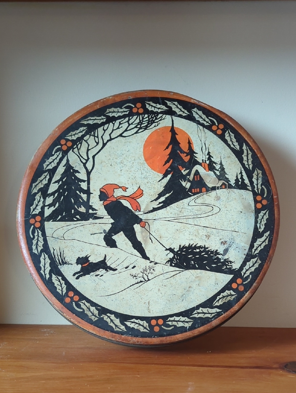 Vintage Winter Woodland Scene Christmas Burnt Orange Moon Black Silhouette Child